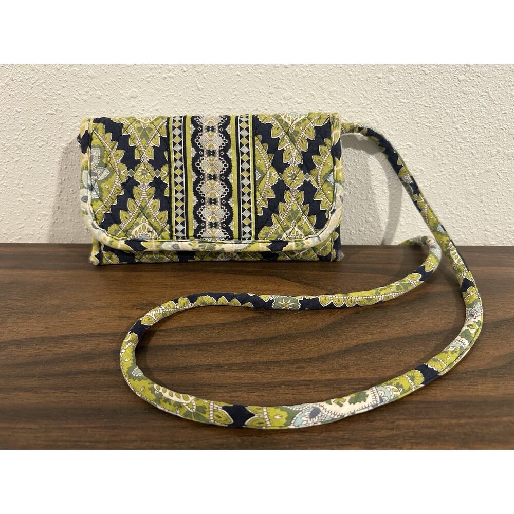 Vera Bradley Crossbody Trifold Wallet Purse Small Green Blue Paisley Strap